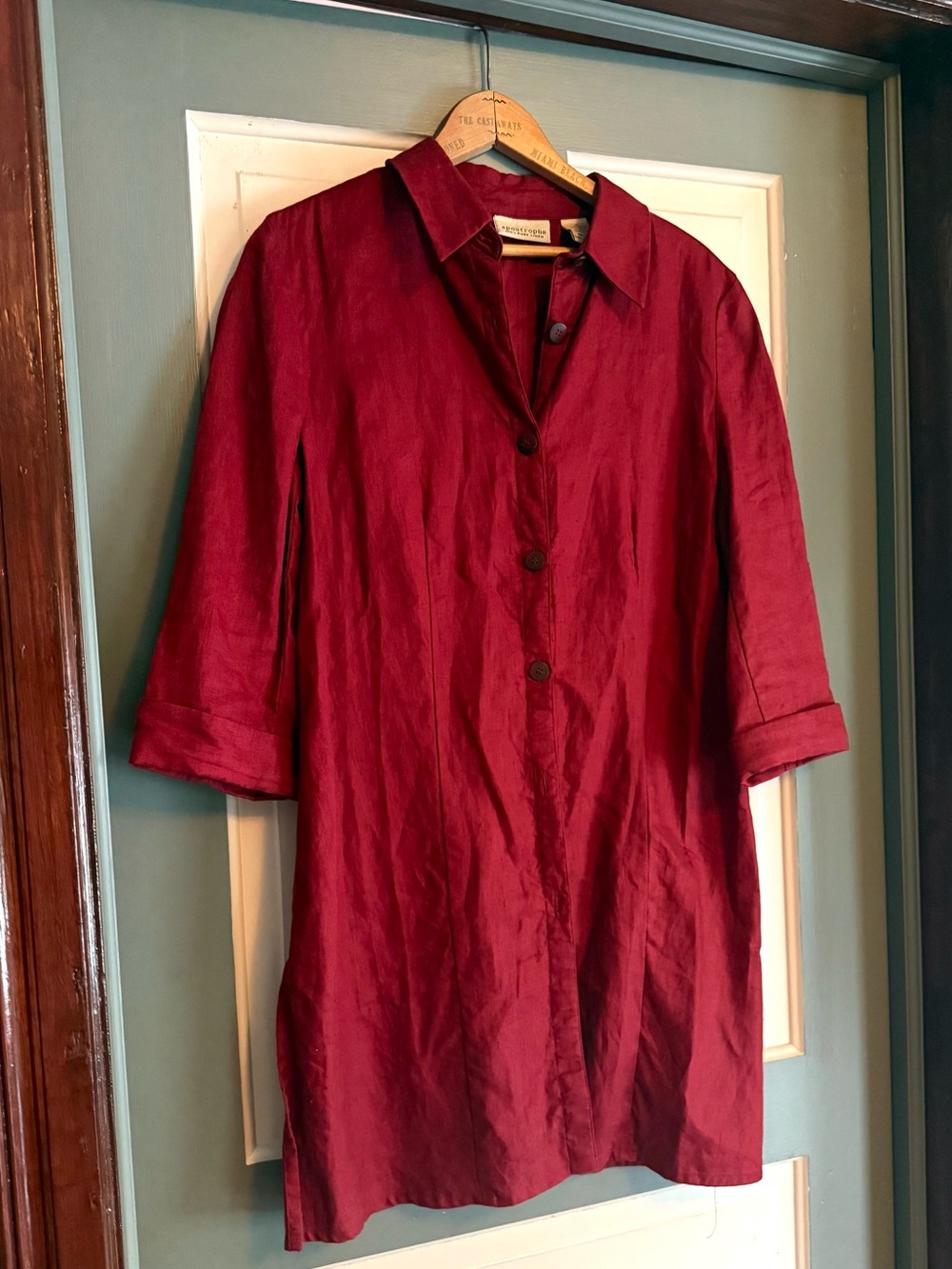 Apostrophe Crimson Red Linen Button-Front Tunic